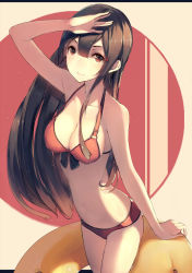 Rule 34 | 1girl, arm up, ass, bad id, bad pixiv id, bare arms, bikini, black hair, breasts, cleavage, covered erect nipples, hadean92, hair ornament, hairclip, highres, light smile, long hair, looking at viewer, navel, original, red eyes, revision, simple background, solo, strap gap, striped, striped background, swimsuit