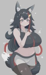 Rule 34 | 1girl, :&lt;, @ @, absurdres, alternate costume, animal ear fluff, animal ears, bare shoulders, black hair, black pantyhose, black shorts, black tank top, blush, breasts, commentary, crop top, curvy, double-parted bangs, english commentary, flipped hair, gabai, grey background, grey eyes, grey hair, hair ornament, hairclip, hand on own chest, heart, highres, hololive, huge breasts, kouhaku nawa, long hair, midriff, miofa (ookami mio), mixed-language commentary, multicolored clothes, multicolored hair, multicolored shorts, navel, necktie, ookami mio, pantyhose, red hair, red necktie, red shorts, rope, sailor collar, shimenawa, shorts, sidelocks, solo, steam, steaming body, stomach, streaked hair, tail, tail around own leg, tail wrap, tank top, torn clothes, torn pantyhose, variant set, virtual youtuber, white shorts, wide hips, wolf ears, wolf girl, wolf tail