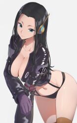 Rule 34 | 1girl, black hair, black jacket, black panties, blue eyes, breasts, cleavage, closed mouth, commentary, gloves, grey background, headphones, highres, jacket, large breasts, long hair, long sleeves, looking at viewer, navel, nico robin, nico robin (egghead), one piece, panties, purple gloves, reulem, revealing clothes, shiny skin, simple background, solo, thighs, underwear, wide hips