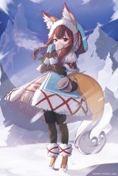 Rule 34 | 1girl, absurdres, animal ear fluff, animal ears, belt, black pantyhose, blue sky, boots, breath, brown hair, capelet, coat, cold, commentary request, footprints, fox ears, fox girl, fox tail, full body, fur-trimmed boots, fur-trimmed capelet, fur-trimmed coat, fur-trimmed hood, fur-trimmed mittens, fur trim, highres, holly, hood, hooded capelet, horn (instrument), konbu (hida123), mittens, mountain, original, pantyhose, skirt, sky, snow, solo, tail, yellow eyes