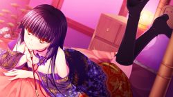 Rule 34 | 1girl, asami asami, bare shoulders, black hair, boots, breasts, chest of drawers, game cg, japanese clothes, long hair, looking at viewer, lying, no bra, on stomach, re:birth colony, red eyes, rindou airi, smile, solo