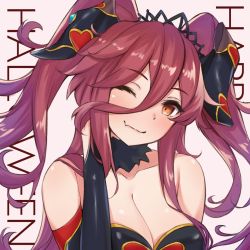 Rule 34 | 1girl, artist request, bare shoulders, black choker, blush, breasts, choker, cleavage, commentary, dragalia lost, dragon, dragon girl, dragon horns, english commentary, fang, fur choker, halloween, halloween costume, head tilt, heart, horns, large breasts, mym (dragalia lost), one eye closed, open mouth, orange eyes, red hair, reversed, skin fang, smile, solo, source request, tiara, twintails, twitter username, upper body