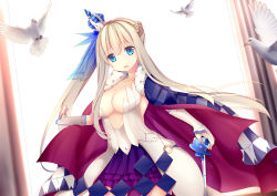 Rule 34 | 1girl, :o, absurdres, alternate costume, bird, blonde hair, blue eyes, blunt bangs, breasts, cape, cleavage, collarbone, commentary request, cowboy shot, crown, highres, jyt, large breasts, lexington (warship girls r), long sleeves, looking at viewer, open mouth, sidelocks, simple background, solo, warship girls r, white background