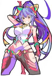 Rule 34 | 1girl, antenna hair, arm up, bare shoulders, blazblue, blazblue: central fiction, blazblue variable heart, blue hair, bow, breasts, cowboy shot, crop top, enpe, from below, genderswap, genderswap (mtf), grin, groin, hair between eyes, hair bow, high ponytail, highres, holding, holding polearm, holding spear, holding weapon, large breasts, long hair, looking at viewer, lowleg, lowleg pants, mai natsume, midriff, multicolored hair, navel, no bra, pants, polearm, ponytail, purple hair, red eyes, sideboob, simple background, skindentation, smile, solo, spear, standing, tagme, v-shaped eyebrows, very long hair, weapon, white background, yellow bow