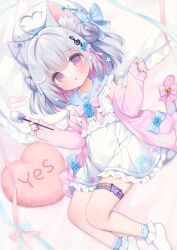 1girl :o ahoge animal_ears bed_sheet beret blue_bow blue_flower blue_rose blue_sailor_collar bow cat_ears cat_girl cat_tail commentary double_bun dress flower fortissimo frilled_dress frills grey_hair hair_bun hair_ornament hat heart heart-shaped_pillow heart_ahoge highres holding jacket long_sleeves looking_at_viewer lying mimikaki multicolored_hair musical_note musical_note_hair_ornament nail_polish no_shoes on_side open_clothes open_jacket original parted_lips pillow pink_bow pink_hair pink_jacket puffy_long_sleeves puffy_sleeves purple_nails red_eyes rose sailor_collar sailor_dress signature sleeves_past_wrists socks solo symbol-only_commentary tail treble_clef two-tone_hair usashiro_mani white_dress white_hat white_socks yes yes-no_pillow