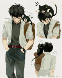 Rule 34 | !, !!, 1boy, absurdres, amamiya ren, animal, animal on head, bag, belt, black pants, black shirt, buckle, cat, cat on head, collared shirt, denim, grid background, hands in pockets, highres, jeans, male focus, multiple views, notice lines, on head, open clothes, open shirt, pants, persona, persona 5, red belt, saamyo355, shirt, short sleeves, simple background, tote bag, twitter username, watch, white background, white shirt, wristwatch