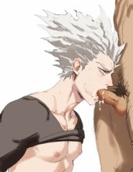 Rule 34 | 2boys, absurdres, cheek bulge, clothes lift, collarbone, cum, cum in mouth, cum on penis, dudlesnoodles, fellatio, garou (one-punch man), grey hair, highres, male focus, multiple boys, nipples, one-punch man, oral, pectorals, penis, pointy hair, pubic hair, shirt lift, testicles, uncensored, white background, yaoi, yellow eyes