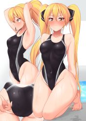 Rule 34 | 1girl, adjusting clothes, adjusting swimsuit, ass, barefoot, black one-piece swimsuit, blonde hair, blush stickers, breasts, collarbone, commission, competition swimsuit, covered navel, dream c club, dream c club (series), full body, highleg, highleg swimsuit, hisakabe oto, kneeling, large breasts, lnog, long hair, looking at viewer, mian (dream c club), multiple views, one-piece swimsuit, skeb commission, swimsuit, twintails, yellow eyes