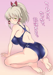Rule 34 | 10s, 1girl, all fours, ass, barefoot, breasts, competition swimsuit, covered erect nipples, feet, female focus, flying sweatdrops, hair ribbon, inari konkon koi iroha., kneeling, long hair, looking back, mudou eichi, one-piece swimsuit, ponytail, ribbon, silver hair, soles, solo, swimsuit, toes, translation request, uka-no-mitama-no-kami (inakon), yellow eyes