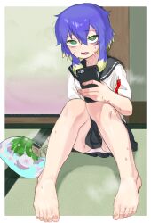Rule 34 | 1boy, bags under eyes, barefoot, black sailor collar, black skirt, blonde hair, bright pupils, cellphone, commentary request, cookie (touhou), crossdressing, fang, full body, gesuto (nicoseiga 122002102), green eyes, hair between eyes, hand fan, highres, holding, holding phone, looking at viewer, male focus, medium hair, multicolored hair, open mouth, panties, phone, purple hair, sailor collar, shiriri (cookie), shirt, sidelocks, sitting, skirt, smartphone, solo, tatami, toes, two-tone hair, underwear, white panties, white pupils, white shirt