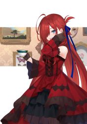 Rule 34 | 1girl, absurdres, apple, azuuru, bag, black dress, black gloves, black hair, black jacket, blouse, blue eyes, bread, closed mouth, cover, cover image, cover page, cup, dress, flower, food, fruit, gloves, hair over one eye, hand on own neck, highres, holding, holding cup, inori no kuni no riviere, jacket, jewelry, lemon, light blush, long dress, long hair, long sleeves, looking at viewer, novel cover, novel illustration, official art, open clothes, open jacket, open mouth, red hair, riviere (inori no kuni no riviere), shirt, short hair, simple background, sleeves rolled up, smile, tea, teacup, textless version, very long hair, white shirt