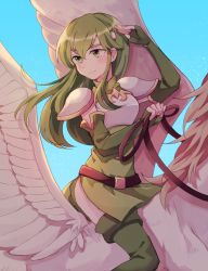 Rule 34 | 1girl, armor, bad id, bad pixiv id, belt, blue background, blush, breastplate, dress, elbow gloves, fingerless gloves, fire emblem, fire emblem: mystery of the emblem, fire emblem: shadow dragon, fire emblem echoes: shadows of valentia, gloves, gold trim, green dress, green eyes, green gloves, green hair, green thighhighs, hand on own head, hand to own head, headband, highres, long hair, nintendo, palla (fire emblem), pegasus, pegasus knight uniform (fire emblem), reins, short dress, side slit, simple background, smile, sushitarou, thighhighs