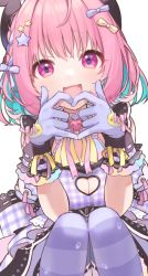 Rule 34 | 1girl, alternate costume, black headwear, blue hair, bow, braid, breasts, chiri (ch!), cleavage cutout, clothing cutout, dress, frilled ribbon, frills, gloves, hair bow, hair intakes, hair ornament, hair ribbon, heart, heart cutout, heart print, idolmaster, idolmaster cinderella girls, idolmaster cinderella girls starlight stage, knees up, large breasts, looking at viewer, multicolored hair, neck ribbon, open mouth, pink eyes, pink hair, pink ribbon, plaid, plaid dress, purple bow, purple dress, ribbon, short hair, simple background, skull and crossbones, sleeveless, sleeveless dress, smile, solo, star (symbol), star hair ornament, striped clothes, striped legwear, striped thighhighs, thighhighs, two-tone hair, white background, yellow bow, yellow ribbon, yumemi riamu