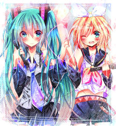 Rule 34 | 2girls, belt, blonde hair, blush, detached sleeves, green eyes, green hair, hair ornament, hair ribbon, hairclip, holding hands, hatsune miku, highres, kagamine rin, long hair, microphone, multiple girls, musical note, navel, necktie, open mouth, potten, ribbon, skirt, smile, twintails, very long hair, vocaloid, wink