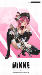 1girl apron black_corset black_footwear black_panties black_thighhighs breasts cleavage commentary corset detached_collar detached_sleeves dfm_(darknessdfm) english_commentary fang goddess_of_victory:_nikke gun hat high_heels highres holding holding_gun holding_weapon large_breasts long_hair long_sleeves looking_at_viewer machine_gun maid maid_apron mast_(nikke) mast_(romantic_maid)_(nikke) open_mouth panties pink_eyes pink_hair pirate_hat short_twintails skin_fang smile solo squatting thighhighs twintails underwear weapon white_apron wrist_cuffs