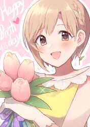 Rule 34 | 1girl, aiba yumi, blonde hair, blush, braid, breasts, brown eyes, collarbone, earrings, flower, gloves, gum (vivid garden), happy birthday, heart, highres, holding, holding flower, idolmaster, idolmaster cinderella girls, idolmaster cinderella girls starlight stage, jewelry, looking at viewer, medium breasts, open mouth, pink background, pink flower, pink tulip, shirt, short hair, simple background, smile, solo, tulip, white gloves, yellow shirt