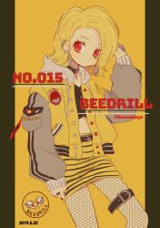 Rule 34 | 1girl, absurdres, beedrill, blonde hair, character name, collar, cowboy shot, creatures (company), dated, drawstring, earrings, expressionless, fishnet legwear, fishnets, game freak, gen 1 pokemon, highres, honeycomb (pattern), jewelry, long sleeves, looking at viewer, midriff, narumame, navel, nintendo, personification, pokedex number, pokemon, red eyes, ring, short hair, solo, twitter username