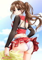 Rule 34 | 1girl, ass, blue sky, breasts, brown eyes, brown hair, cheerleader, cloud, commentary request, cowboy shot, crop top, day, eyes visible through hair, from behind, highres, kuroba dam, lace, lace-trimmed panties, lace trim, legs together, long hair, long sleeves, looking at viewer, looking back, medium breasts, miniskirt, original, outdoors, panties, pleated skirt, pom pom (cheerleading), ponytail, red shirt, red skirt, shirt, side-tie panties, skirt, sky, smile, solo, standing, undershirt, underwear, white panties, wind, wind lift