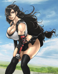 Rule 34 | 1girl, adjusting clothes, adjusting legwear, ass, bare shoulders, big hair, black hair, black shirt, black thighhighs, breasts, cerberuslives, cleavage, cloud, day, earrings, elbow gloves, fantasy, final fantasy, final fantasy vii, final fantasy vii remake, floating hair, gloves, hair over one eye, highres, jewelry, large breasts, leaning forward, legs, lips, long hair, low-tied long hair, midriff, miniskirt, outdoors, parted lips, red eyes, shiny skin, shirt, skirt, sky, smile, solo, square enix, standing, suspender skirt, suspenders, tank top, teeth, thighhighs, thighs, tifa lockhart, toned, very long hair, weapon