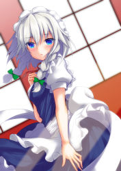 Rule 34 | 1girl, apron, blue dress, blue eyes, blush, bow, braid, breasts, commentary request, cowboy shot, dress, frilled apron, frills, green bow, hair between eyes, hair bow, hand up, highres, indoors, izayoi sakuya, looking at viewer, maid, maid apron, maid headdress, neck ribbon, parted lips, puffy short sleeves, puffy sleeves, red ribbon, ribbon, shirt, short hair, short sleeves, silver hair, sinngotti, small breasts, solo, standing, touhou, twin braids, waist apron, white apron, white shirt, window