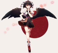 Rule 34 | 1girl, ascot, bird wings, black ascot, black hair, black skirt, black wings, bobby socks, brown eyes, feathered wings, full body, geta, hand on own chin, hand on own hip, hat, highres, namataro, pom pom (clothes), puffy short sleeves, puffy sleeves, red background, red footwear, red hat, shameimaru aya, shirt, shoes, short sleeves, skirt, socks, solo, tassel, tengu-geta, tokin hat, touhou, white shirt, white socks, wings