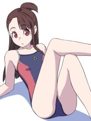 Rule 34 | 1girl, blue one-piece swimsuit, brown hair, competition swimsuit, kagari atsuko, little witch academia, long hair, one-piece swimsuit, red eyes, red one-piece swimsuit, satochi, school swimsuit, simple background, solo, swimsuit, two-tone swimsuit, white background