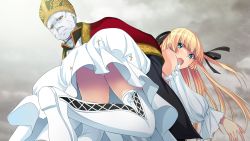 Rule 34 | 1boy, 1girl, ass, blonde hair, boots, carrying, cloak, detached sleeves, dress, eyebrows, game cg, green eyes, janne la pucelle, legs, long hair, looking back, open mouth, outdoors, panties, pantyshot, red eyes, sagara riri, skirt, standing, thigh boots, thighhighs, thighs, tokeidai no jeanne: jeanne &agrave; la tour d&#039;horloge, underwear, white dress, white skirt