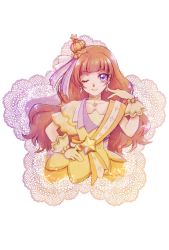 Rule 34 | 1girl, aizen (syoshiyuki), amanogawa kirara, brown hair, commentary request, crown, crown hair ornament, dress, earrings, eyelashes, gloves, go! princess precure, hair ornament, happy, highres, jewelry, long hair, looking at viewer, necklace, one eye closed, orange dress, orange gloves, precure, purple eyes, smile, solo, star (symbol), star necklace, twintails