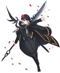 Rule 34 | 1girl, absurdres, arm up, black coat, black footwear, black hair, blush, blush stickers, boots, brown eyes, closed mouth, coat, coat on shoulders, commission, dungeon and fighter, flower, gogoco, hair flower, hair ornament, highres, holding, holding weapon, long hair, open hand, original, petals, pointy ears, red flower, reverse grip, scabbard, sheath, sheathed, simple background, solo, sword, twintails, weapon, white background