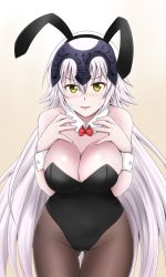 Rule 34 | 1girl, animal ears, black dress, black leotard, bow, bowtie, breasts, brown pantyhose, cleavage, commentary request, cowboy shot, detached collar, dress, fake animal ears, fate/apocrypha, fate/grand order, fate (series), fuuma nagi, gluteal fold, gradient background, headpiece, jeanne d&#039;arc (fate), jeanne d&#039;arc alter (avenger) (fate), jeanne d&#039;arc alter (fate), large breasts, leotard, long hair, looking at viewer, pantyhose, playboy bunny, rabbit ears, rabbit tail, red bow, red bowtie, solo, strapless, strapless leotard, tail, very long hair, white background, wrist cuffs, yellow eyes