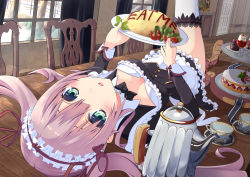 Rule 34 | 1girl, bad id, bad pixiv id, blush, bow, bowtie, breasts, breasts apart, cake, chair, cleavage, cup, curtains, door, downblouse, dutch angle, english text, expressionless, food, food writing, frills, fruit, full body, green eyes, hair between eyes, half updo, highres, holding, ice cream, indoors, ketchup, long sleeves, looking at viewer, lying, maid, maid headdress, moe2015, omelet, omurice, on back, on table, open mouth, original, perspective, pink hair, plate, ribbon, saucer, shadow, shoes, short hair, short hair with long locks, solo, strawberry, strawberry shortcake, sundae, table, tareme, teacup, teapot, thighhighs, tiered tray, tomato, tsukamoto rinichirou, twintails, upside-down, wafer stick, white thighhighs, window, zettai ryouiki