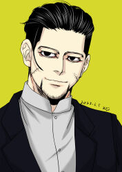 Rule 34 | 1boy, 2022, absurdres, beard, black eyes, black hair, black jacket, buttons, close-up, dated, facial hair, golden kamuy, green background, highres, jacket, keiko 1007, looking to the side, male focus, ogata hyakunosuke, shirt, signature, simple background, smile, solo, undercut, upper body