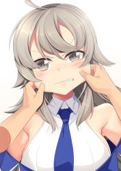 Rule 34 | 1girl, ahoge, bare shoulders, blue neckerchief, blush, breasts, clenched teeth, collared shirt, gradient background, grey eyes, hair between eyes, head tilt, highres, kantai collection, large breasts, long hair, neckerchief, shirt, silver hair, simple background, sleeveless, sleeveless shirt, solo, teeth, washington (kancolle), white background, white shirt, yasume yukito