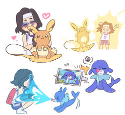 Rule 34 | &gt; &lt;, 1brad, 1other, alolan form, alolan raichu, backpack, bag, black hair, closed eyes, commentary request, creatures (company), electricity, game freak, gen 7 pokemon, gloves, headband, heart, highres, korean commentary, medium hair, nibbling, nintendo, pokemon, pokemon (creature), popplio, runny nose, saliva, shirt, shorts, sleeveless, sleeveless shirt, snot, socks, squatting, squiggle, sunglasses, water, white background, white headband