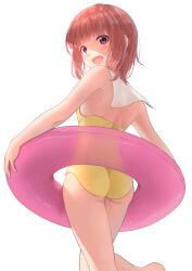 Rule 34 | 1girl, absurdres, aikawa aika, alice gear aegis, ass, brown eyes, brown hair, casual one-piece swimsuit, cowboy shot, highres, innertube, kanogawa hiro, looking at viewer, looking back, one-piece swimsuit, open mouth, sailor collar, short hair, simple background, solo, swim ring, swimsuit, white background, white sailor collar, yellow one-piece swimsuit