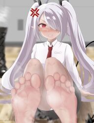 Rule 34 | 1girl, anger vein, barefoot, beru (belse mmrkhr), blue archive, blush, boots, unworn boots, demon tail, feet, hair over one eye, highres, iori (blue archive), long hair, looking at viewer, panties, pantyshot, parted lips, pointy ears, red eyes, shoes, unworn shoes, single boot, single shoe, soles, steam, tail, toes, twintails, underwear