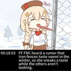 Rule 34 | 1girl, blonde hair, braid, breasts, commentary, english text, closed eyes, fence, fnc (girls&#039; frontline), girls&#039; frontline, hair between eyes, hair ornament, hat, highres, licking, open mouth, snafu (snafy snu), snow, solo, tears, tongue, tongue out, tree, twin braids