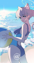 Rule 34 | 1girl, animal ears, ass, ball, beach, beachball, black one-piece swimsuit, blue archive, blue eyes, blue halo, blush, breasts, competition swimsuit, cowboy shot, cross hair ornament, day, extra ears, grey hair, hair ornament, halo, highres, holding, holding ball, holding beachball, j fang, medium breasts, medium hair, ocean, official alternate costume, one-piece swimsuit, open mouth, outdoors, ponytail, shiroko (blue archive), shiroko (swimsuit) (blue archive), solo, swimsuit, wolf ears