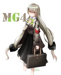 Rule 34 | 1girl, absurdres, bad id, bad pixiv id, black skirt, blush, bow, bowtie, breasts, brown jacket, brown vest, character name, closed mouth, girls&#039; frontline, green bow, green bowtie, grey eyes, grey hair, hair ornament, hairclip, highres, holding case, jacket, long hair, looking at viewer, mg4 (girls&#039; frontline), open clothes, open jacket, ryn (rinorea), shirt, skirt, solo, standing, vest, white background, white shirt