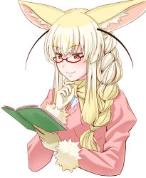 Rule 34 | 10s, 1girl, adapted costume, alternate hairstyle, animal ears, bad id, bad pixiv id, blonde hair, blush, book, braid, brown eyes, closed mouth, fennec (kemono friends), glasses, holding, holding book, kemono friends, long sleeves, looking away, multicolored hair, reading, semi-rimless eyewear, smile, solo, takatsuki nao, two-tone hair, upper body, white hair