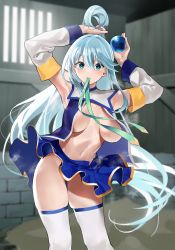 Rule 34 | 1girl, absurdres, aqua (konosuba), armpits, arms up, blue eyes, blue hair, blue shirt, blue skirt, blurry, blurry background, breasts, convenient censoring, detached sleeves, groin, hair between eyes, hair ornament, hair rings, highres, holding, holding hair ornament, holding own hair, indoors, jikatarou, kono subarashii sekai ni shukufuku wo!, leaning to the side, long hair, looking at viewer, medium breasts, miniskirt, mouth hold, navel, no bra, open clothes, open shirt, ribbon, shirt, skirt, sleeveless, sleeveless shirt, standing, steaming body, sweat, thighhighs, thighs, very long hair, white thighhighs, wind, wind lift
