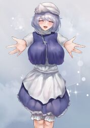 Rule 34 | 1girl, absurdres, apron, beckoning, bloomers, blue skirt, blue vest, blush, breasts, commission, feet out of frame, grey background, grey hair, hat, highres, large breasts, letty whiterock, long sleeves, medium hair, nanaironokabi, outstretched arms, pixiv commission, shirt, skirt, solo, sparkle, touhou, underwear, variant set, vest, waist apron, white hat, white shirt, ||/