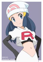 Rule 34 | 1girl, beanie, black gloves, border, closed mouth, commentary request, cosplay, creatures (company), dated, dawn (pokemon), elbow gloves, eyelashes, game freak, gloves, grey background, grey eyes, hainchu, hair ornament, hairclip, hat, highres, jacket, jessie (pokemon), jessie (pokemon) (cosplay), logo, long hair, navel, nintendo, outside border, poke ball print, pokemon, pokemon (anime), pokemon dppt (anime), skirt, smile, solo, split mouth, team rocket, team rocket uniform, white border, white hat, white jacket, white skirt