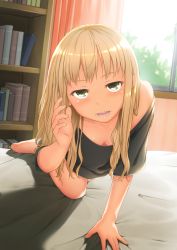Rule 34 | 1girl, all fours, barefoot, bed, blonde hair, blush, book, breasts, cleavage, curtains, downblouse, green eyes, half-closed eyes, highres, light smile, long hair, looking at viewer, naked shirt, no bra, off shoulder, on bed, open mouth, original, shadow, shirt, small breasts, solo, tunecock, window