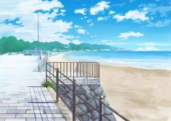 Rule 34 | beach, blue sky, cloud, cloudy sky, commentary request, day, highres, hirota (masasiv3), horizon, no humans, ocean, outdoors, railing, scenery, shore, sky, stairs, utility pole, waves