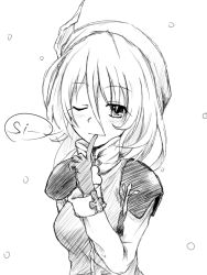 Rule 34 | 1girl, blush, female focus, finger to mouth, flask (pandora), greyscale, letty whiterock, monochrome, one eye closed, simple background, smile, solo, touhou, white background, wink