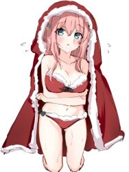 Rule 34 | 1girl, :o, bare legs, bare shoulders, bikini, blue eyes, blush, bocchi the rock!, bow, breasts, cleavage, female focus, gotoh hitori, green bow, hair ornament, looking at viewer, medium breasts, open mouth, pink hair, revealing clothes, santa bikini, simple background, solo, sweat, swimsuit, ukitaryu, white background