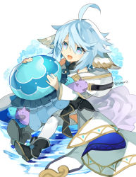 Rule 34 | 1girl, ahoge, animal ears, black bow, black footwear, blue eyes, blue flower, blue hair, boots, bow, cross-shaped pupils, cyenmi3, flower, gold trim, granblue fantasy, harvin, highres, holding, holding stuffed toy, jacket, jellyfish, looking at object, multicolored eyes, open mouth, oversized clothes, pink eyes, shirt, short hair, sidelocks, sitting, sleeveless, sleeveless shirt, smile, solo, stuffed toy, swept bangs, symbol-shaped pupils, thighhighs, twitter username, wamdus (granblue fantasy), water, white background, white jacket, white shirt, white thighhighs, wide sleeves