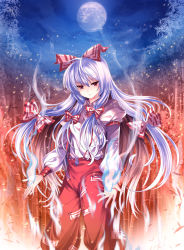 Rule 34 | 1girl, bad id, bad pixiv id, bamboo, bamboo forest, blue fire, bow, fire, forest, fujiwara no mokou, hair bow, hair ribbon, long hair, moon, nature, night, night sky, pants, pico (picollector79), red eyes, ribbon, silver hair, sky, smoke, solo, suspenders, touhou