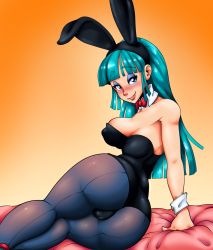 Rule 34 | 1girl, animal ears, aqua hair, arm support, artist request, ass, ass focus, bare arms, bare shoulders, bed, black leotard, blue eyes, blue eyeshadow, blunt bangs, blush, bow, bowtie, breasts, bulma, cameltoe, dragon ball, dragon ball (classic), eyeshadow, fake animal ears, female focus, gradient background, half-closed eyes, highres, huge ass, large breasts, leotard, lips, lipstick, looking at viewer, looking back, makeup, on bed, orange background, pantyhose, playboy bunny, rabbit ears, red bow, red bowtie, seductive smile, sideboob, sitting, smile, straight hair, strapless, strapless leotard, wide-eyed, wrist cuffs